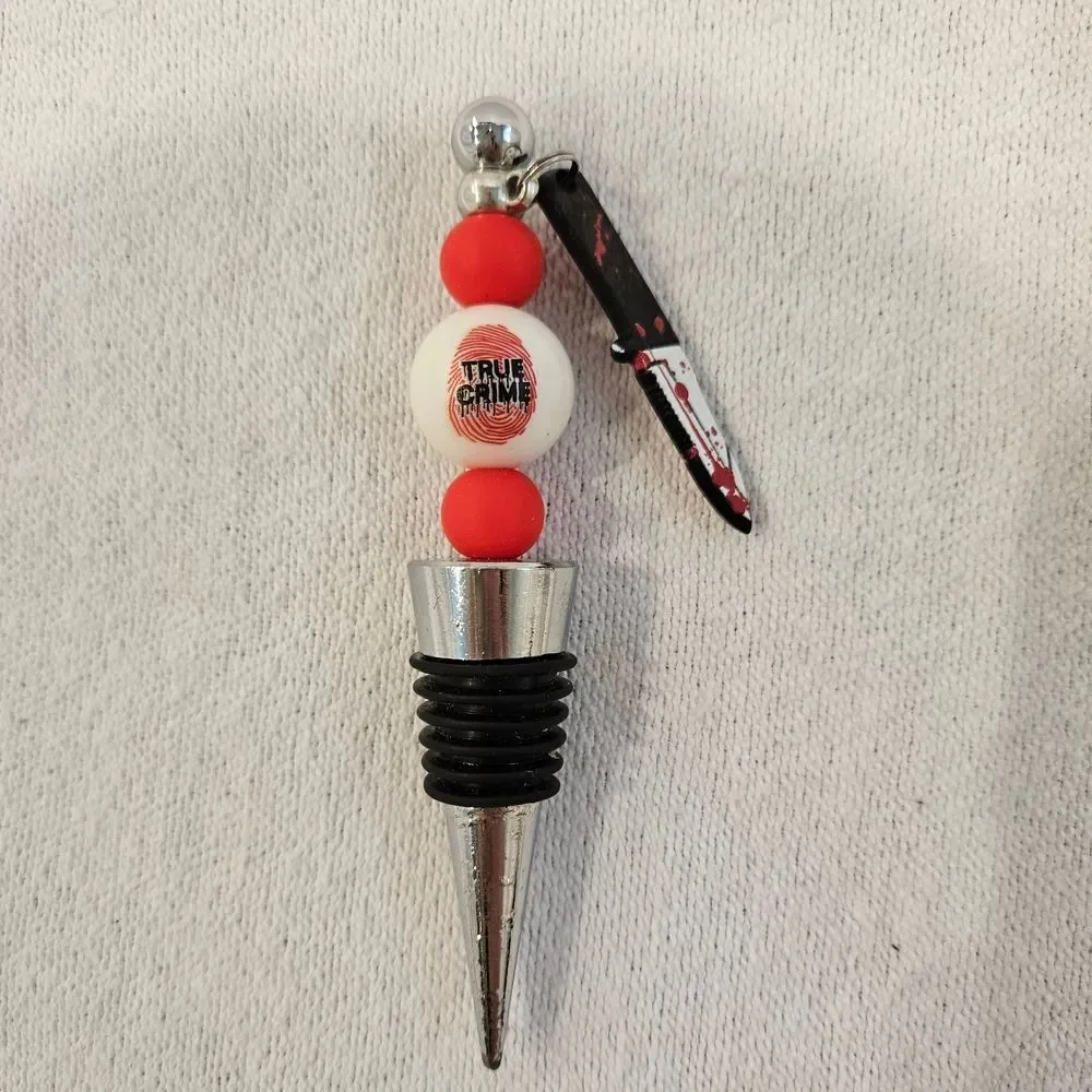True Crime Red & White Bead Wine Bottle Stopper with Knife Charm